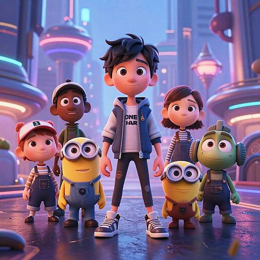 Digital CGI image of five children and Minions in a neon-lit futuristic city, wearing casual clothes, standing in a row.