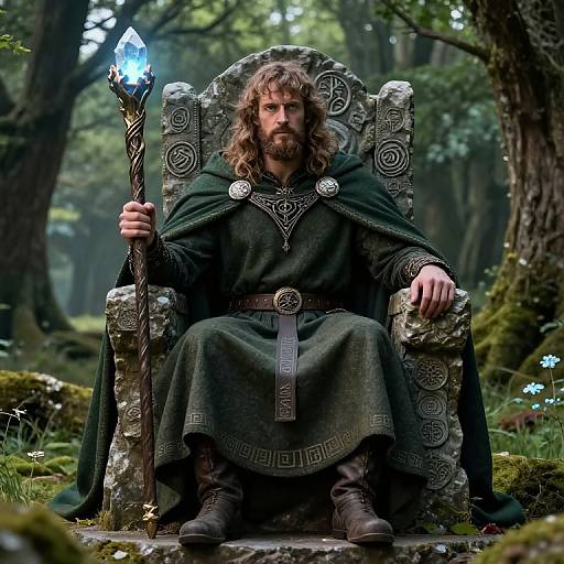 Photorealistic image of a bearded, long-haired man in dark medieval robes, holding a glowing crystal staff, seated on an ornate stone throne
