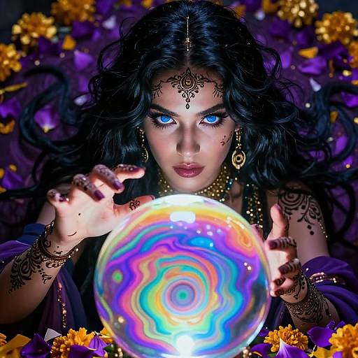 Photorealistic digital artwork of a dark-haired woman with intense blue eyes, adorned with intricate henna and gold jewelry, holding a glowing, irides