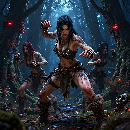 Digital art: Three fierce, tattooed, dark-haired warrior women in tribal attire, crouching in a moonlit, forest clearing with red lights