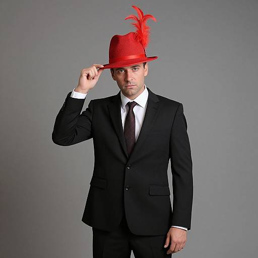 Photograph of a serious man in a black suit, white shirt, black tie, and red fez with a red feather, adjusting his hat against