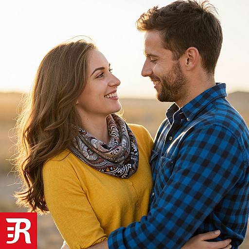 Photograph of a smiling couple in a sunset outdoor setting; woman in yellow top, patterned scarf, and brown hair; man in blue checkered