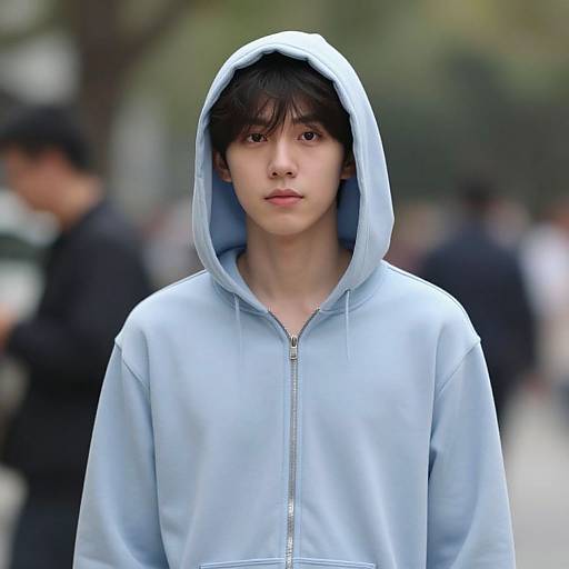 Photograph of an East Asian teenage boy with fair skin, straight black hair, and brown eyes, wearing a light blue hoodie with a zipper, standing