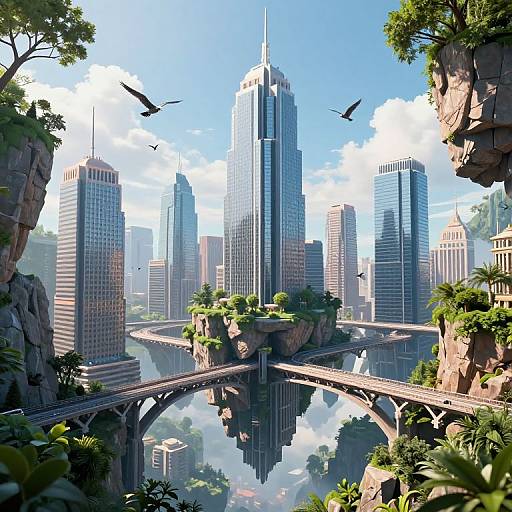 Digital artwork of a futuristic city with towering skyscrapers, lush greenery, and flying birds, connected by arched bridges over a reflective river.
