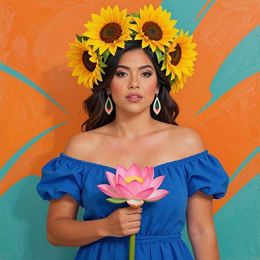Photograph of a beautiful woman with medium skin tone, wearing a blue off-shoulder dress, holding a pink lotus, sunflower crown,