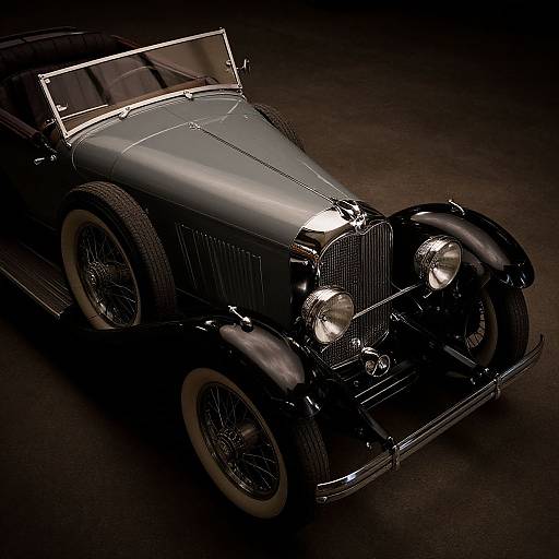 Photograph of a glossy black vintage convertible car with chrome accents, dual round headlights, and whitewall tires, viewed from above. Dark background highlights