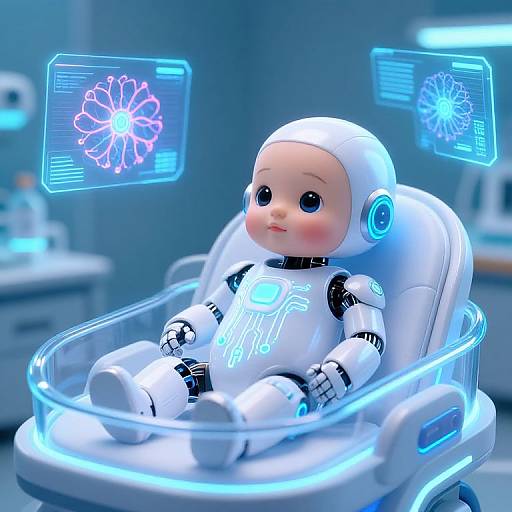 Digital CGI of a cute, blushing baby robot with white and blue futuristic armor, sitting in a glowing, transparent chair, surrounded by holographic flower