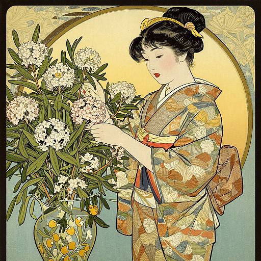 Digital illustration of an elegant Asian woman in a floral kimono, delicately arranging white chrysanthemums in a vase, set against a yellow