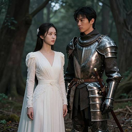 Elegant Knight and Lady in Forest