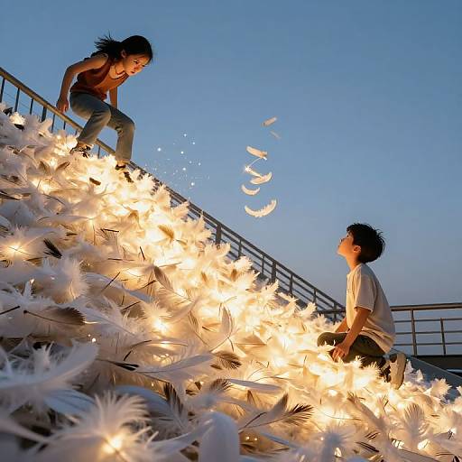Photograph of two Asian children playing with glowing white feathers on a rooftop at dusk, against a clear blue sky.