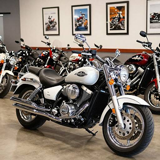Photograph of a white Harley-Davidson motorcycle in a showroom, surrounded by other motorcycles, with framed motorcycle pictures on the wall.