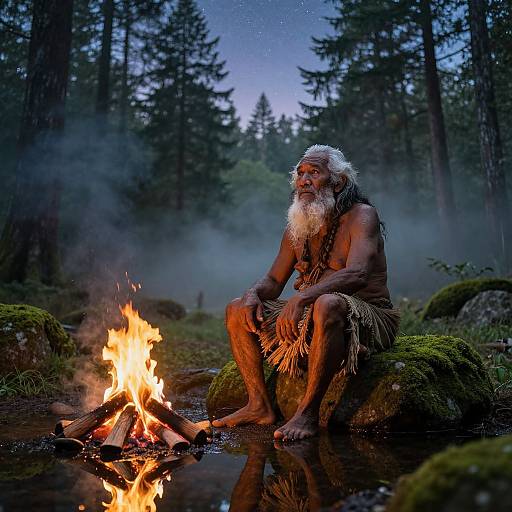 Photograph of a muscular, elderly Native American man with a white beard, sitting by a campfire in a misty forest, wearing a grass skirt
