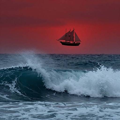 Photograph of a silhouetted sailboat with red sun-like glow in the background, set against a dark blue ocean with crashing white waves.
