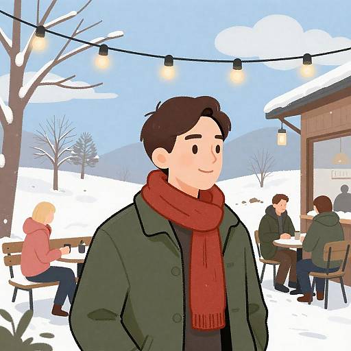 Winter Outdoor Café Scene with Man in Red Scarf