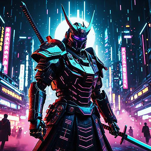 Futuristic Robotic Samurai in Neon Cyber City