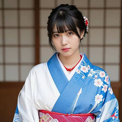 Woman in Blue and White Kimono