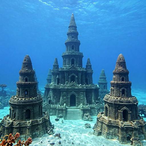 Photograph of an underwater model of a grand, ancient temple with multiple spires, detailed stone architecture, and surrounded by coral and white sand.