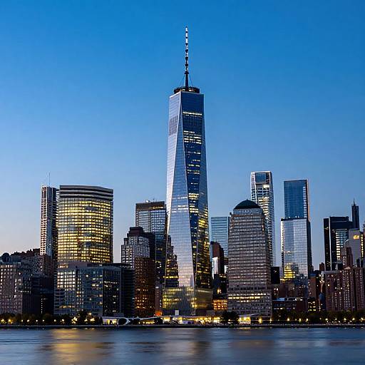 Photograph of New York City skyline at dusk, featuring the illuminated One World Trade Center with blue sky background and reflective water in the foreground.