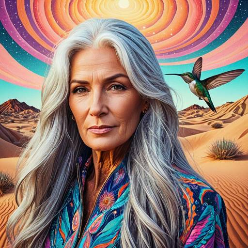 Older Woman with Long Silver Hair in Psychedelic Desert