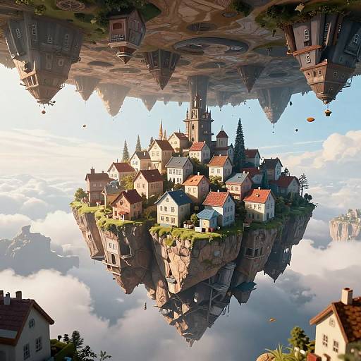 Fantasy CGI image of a floating village with colorful houses on a cliff, surrounded by clouds, and floating islands above.