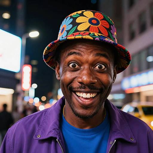 Photograph of a smiling Black man with wide eyes, wearing a colorful floral hat and purple jacket, on a brightly lit city street at night.