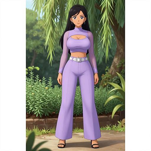 Digital anime-style drawing of a young woman with long black hair, wearing a lavender crop top, high-waisted pants, and black sandals, standing