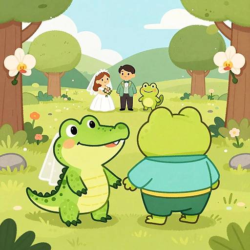 Colorful cartoon of a green crocodile and bear holding hands, facing a bride and groom with a yellow frog in a sunny forest clearing.