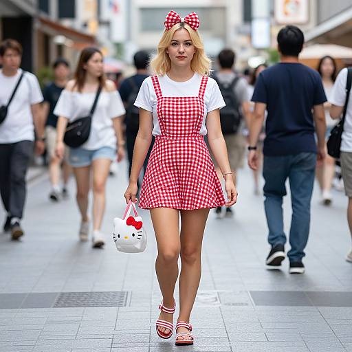 Blonde woman in red gingham dress, white shirt, bow headband, holding heart-shaped bag, walking in busy urban street. Photograph.