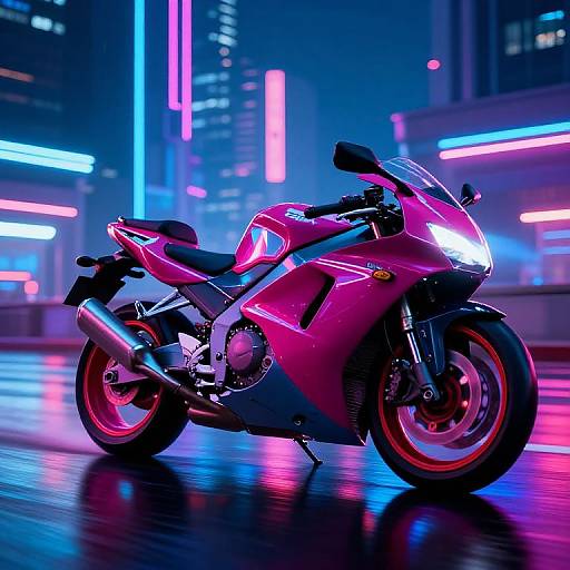 Neon-lit cityscape photograph of a vivid pink sport motorcycle with glowing headlights and red wheels, reflecting colorful lights on a wet street.