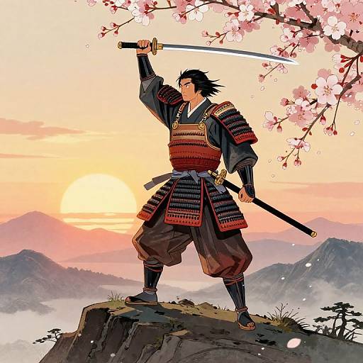 Samurai in traditional armor, holding katana aloft, stands on rocky peak under cherry blossoms at sunset, mountains in background. Digital anime art