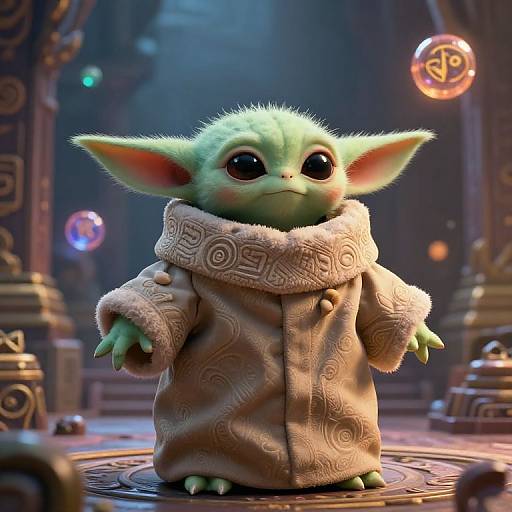 CGI image of a cute, green, big-eyed goblin-like creature in an ornate, fur-trimmed brown coat, standing in a
