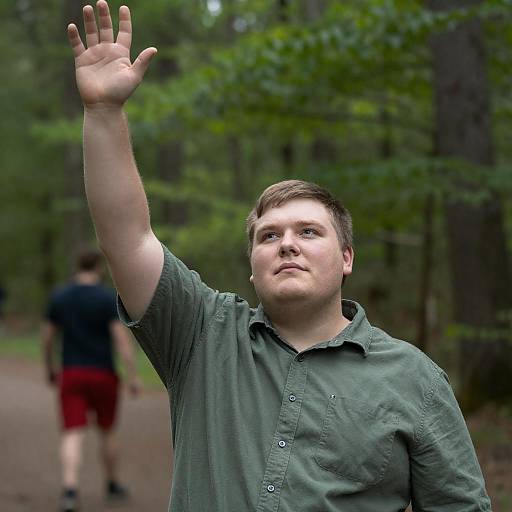 Chubby Man in Green Shirt in Forest