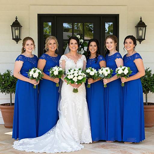 Photograph of a bride in a white lace dress, surrounded by five bridesmaids in royal blue dresses, holding white and green bouquets, standing in