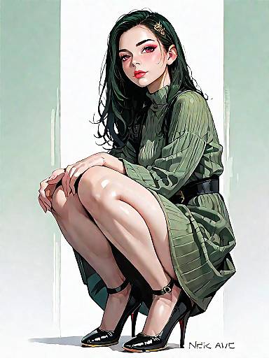 Chic Woman in Olive Green Knit Dress