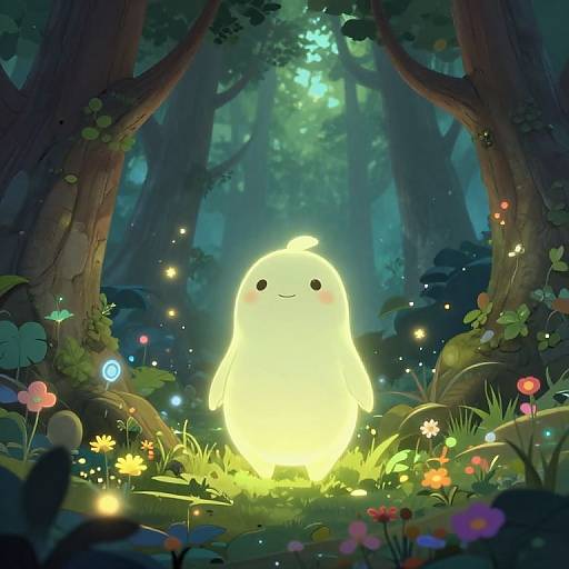 Whimsical digital illustration of a glowing, cute ghost with a smile and blush, standing in a magical forest filled with colorful flowers and twinkling lights
