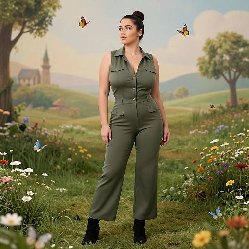 Photograph-style digital art of a dark-haired woman in a green jumpsuit, standing in a colorful meadow with butterflies and flowers, with a church