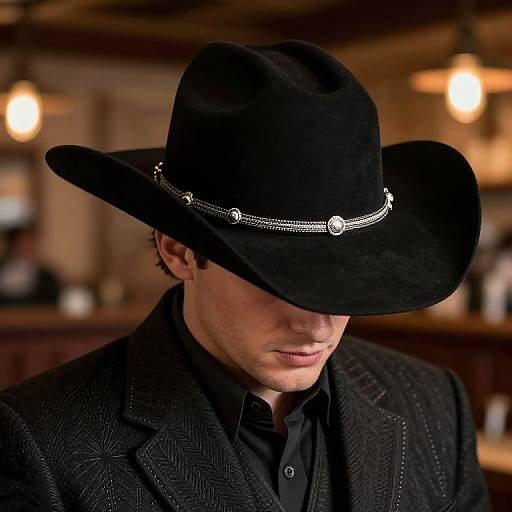 Photograph of a man with pale skin, wearing a black velvet cowboy hat adorned with a silver band, and a black patterned jacket, looking down