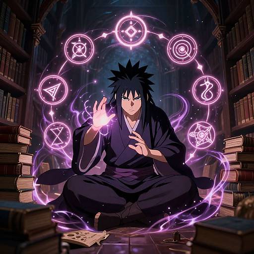 Anime-style drawing of a black-haired mage in dark robes, seated among books, conjuring glowing purple magical symbols in a library.