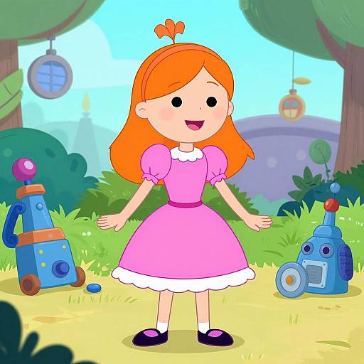 Cartoon-style digital drawing of a smiling red-haired girl in a pink dress, standing in a colorful forest with two toy robots.
