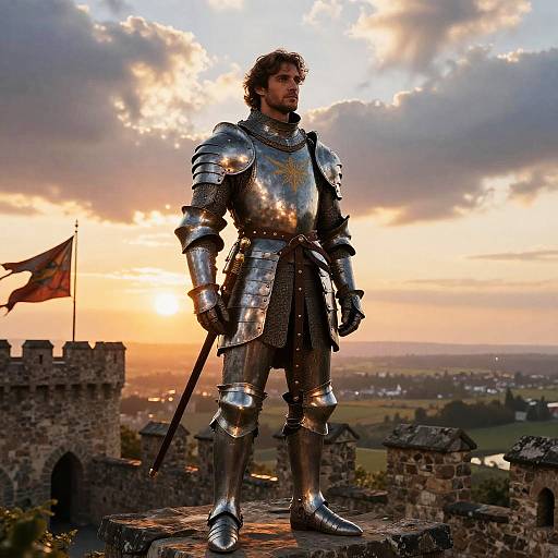 Photograph of a medieval knight in shiny silver armor standing on a castle battlement at sunset, holding a sword, with a flag waving in the background