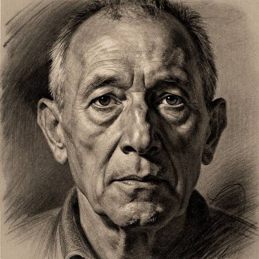 Black and white pencil drawing of an elderly man with deep wrinkles, receding hairline, and a somber expression, rendered with intense shading and texture