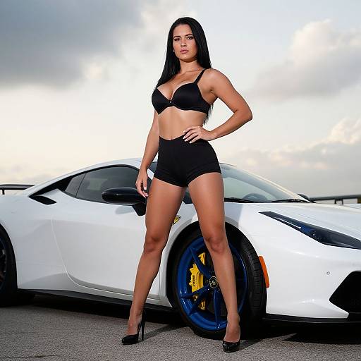 Confident Woman by Sports Car at Sunset
