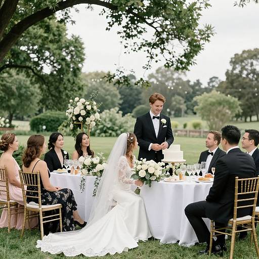 Photograph of an outdoor wedding ceremony: bride in white gown and veil, groom in black tux, guests seated at white-covered table, surrounded by