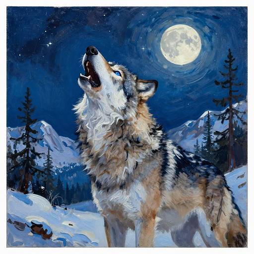 Digital painting of a howling wolf under a full moon, surrounded by snow-covered mountains and pine trees, with a dark blue night sky.