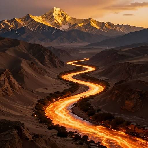 Photograph of a winding, glowing river of lava flowing through a rugged mountain landscape at sunset, with snow-capped peaks illuminated by warm, golden light