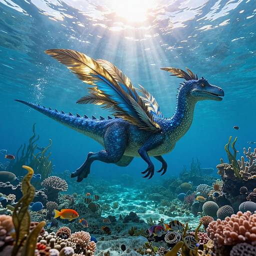 Digital illustration of a vibrant blue, feathered pterosaur-like dinosaur swimming underwater amidst colorful coral reefs and various fish, bathed in sunlight beams from