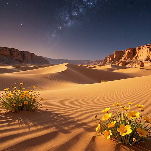 Photograph of a desert night landscape with glowing starry sky, golden sand dunes, and yellow wildflowers casting intricate shadows under a Milky Way backdrop