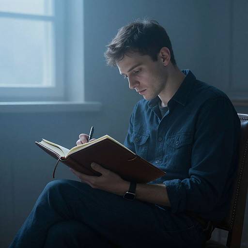 Photograph of a young man with short brown hair, wearing a dark blue button-up shirt, sitting in a dimly lit room, intensely reading a