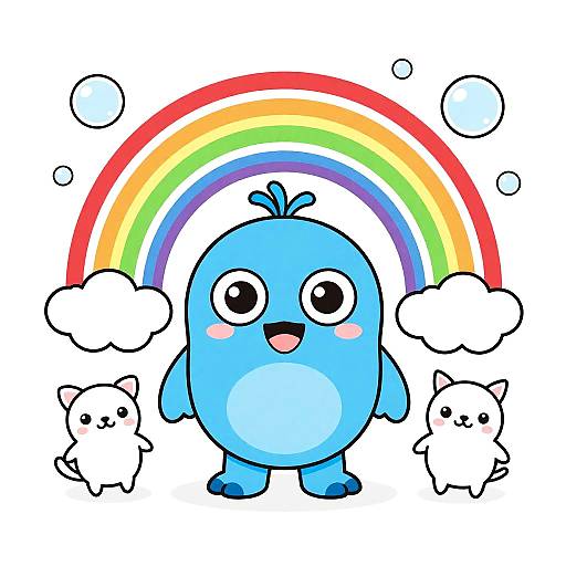 Cute cartoon blue bird with big eyes, blushing cheeks, standing under a rainbow with two white fluffy cats and bubbles.