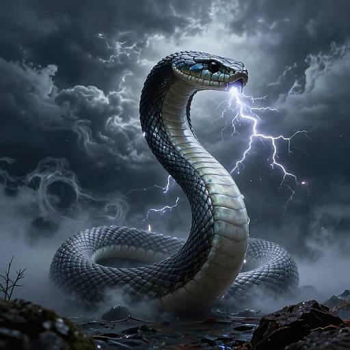 Digital artwork of a massive, lightning-illuminated black and white snake with glowing eyes, coiling in a stormy, cloudy, and electr